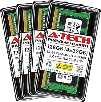 A-Tech 128GB Kit (4x32GB) DDR4 2666MHz PC4-21300 ECC SODIMM 2Rx8 Dual Rank 1.2V 260-Pin RAM Memory Upgrade Modules for Microserver, Workstation, and Networking Platforms