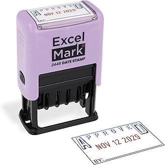 ExcelMark 2445 Date Stamp with Text - Blue and Red Ink (Violet Mount, Approved)