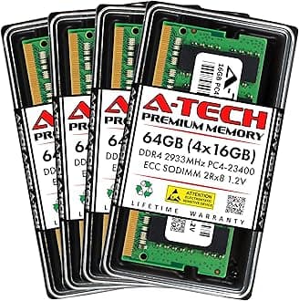 A-Tech 64GB Kit (4x16GB) DDR4 2933MHz PC4-23400 ECC SODIMM 2Rx8 Dual Rank 1.2V 260-Pin RAM Memory Upgrade Modules for Microserver, Workstation, and Networking Platforms